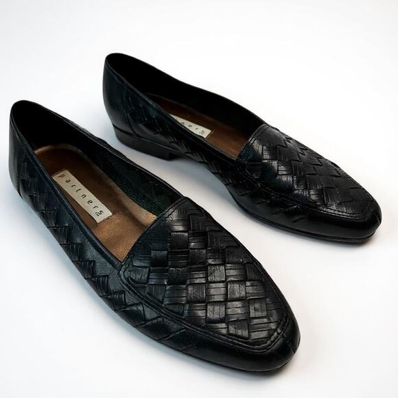 Partners Woven Huarache Leather Loafers Flats Slip-on Black Size 7.5M Square Toe - Picture 1 of 16